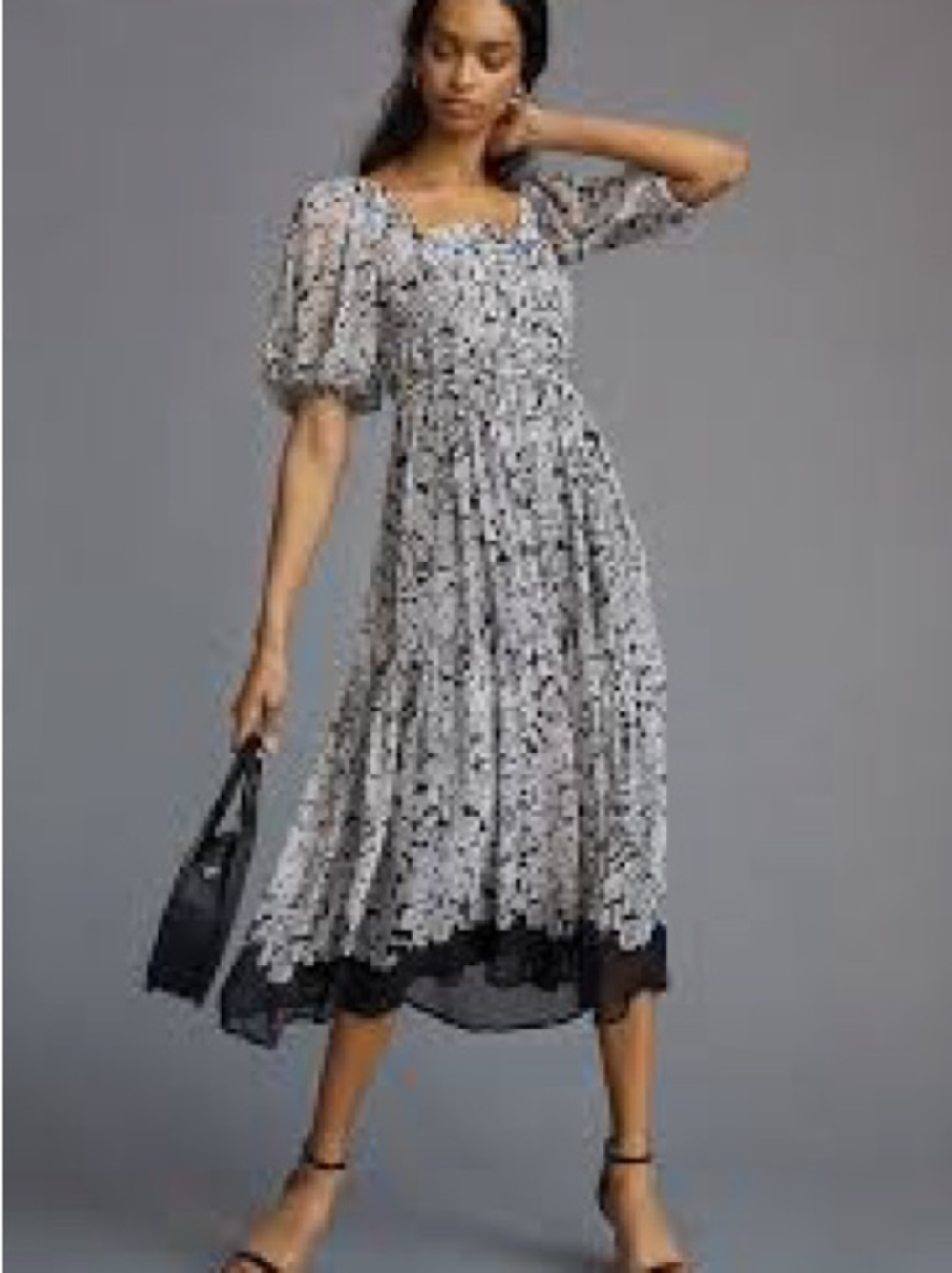 Anthropologie Floral Square Neck Puff Sleeve Midi Dress Black White XS
